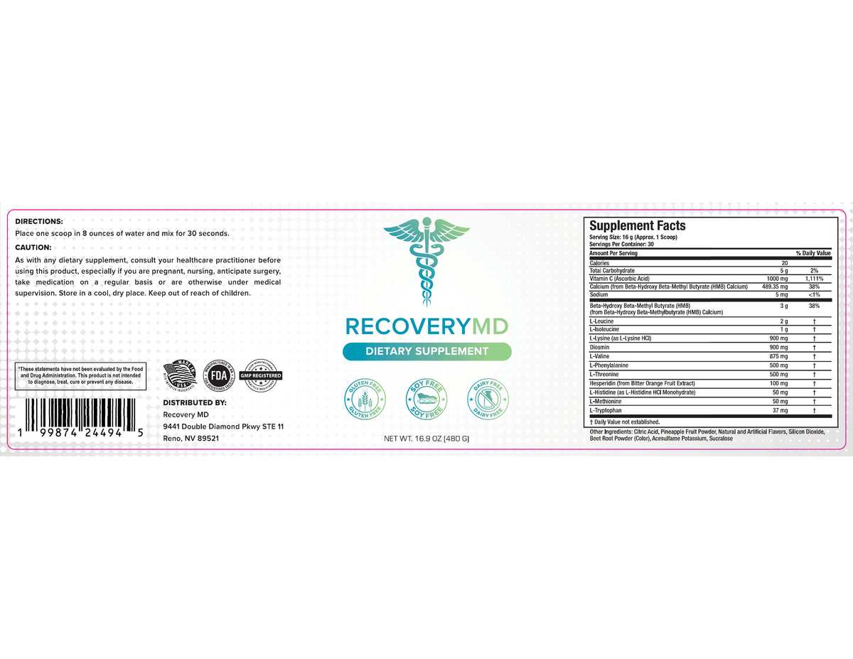 Recovery MD Supplement Facts label showing HMB, essential amino acids, Vitamin C, and citrus flavonoids (Diosmin, Hesperidin)
