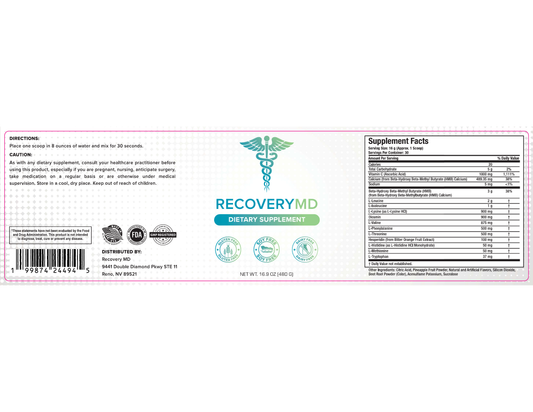 Recovery MD Supplement Facts label showing HMB, essential amino acids, Vitamin C, and citrus flavonoids (Diosmin, Hesperidin)